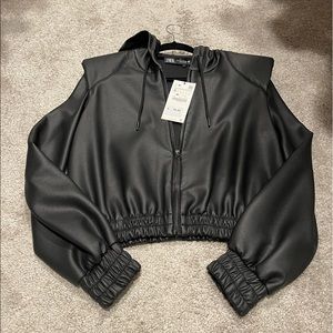 Zara leather hooded jacket with shoulder pads